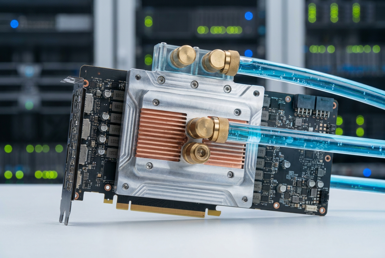 Placa fría de refrigeración líquida directa al chip sobre GPU de IA Placa fría (cold plate) de refrigeración líquida directa al chip instalada sobre una GPU de IA, con tubos transparentes y fluido refrigerante azul.