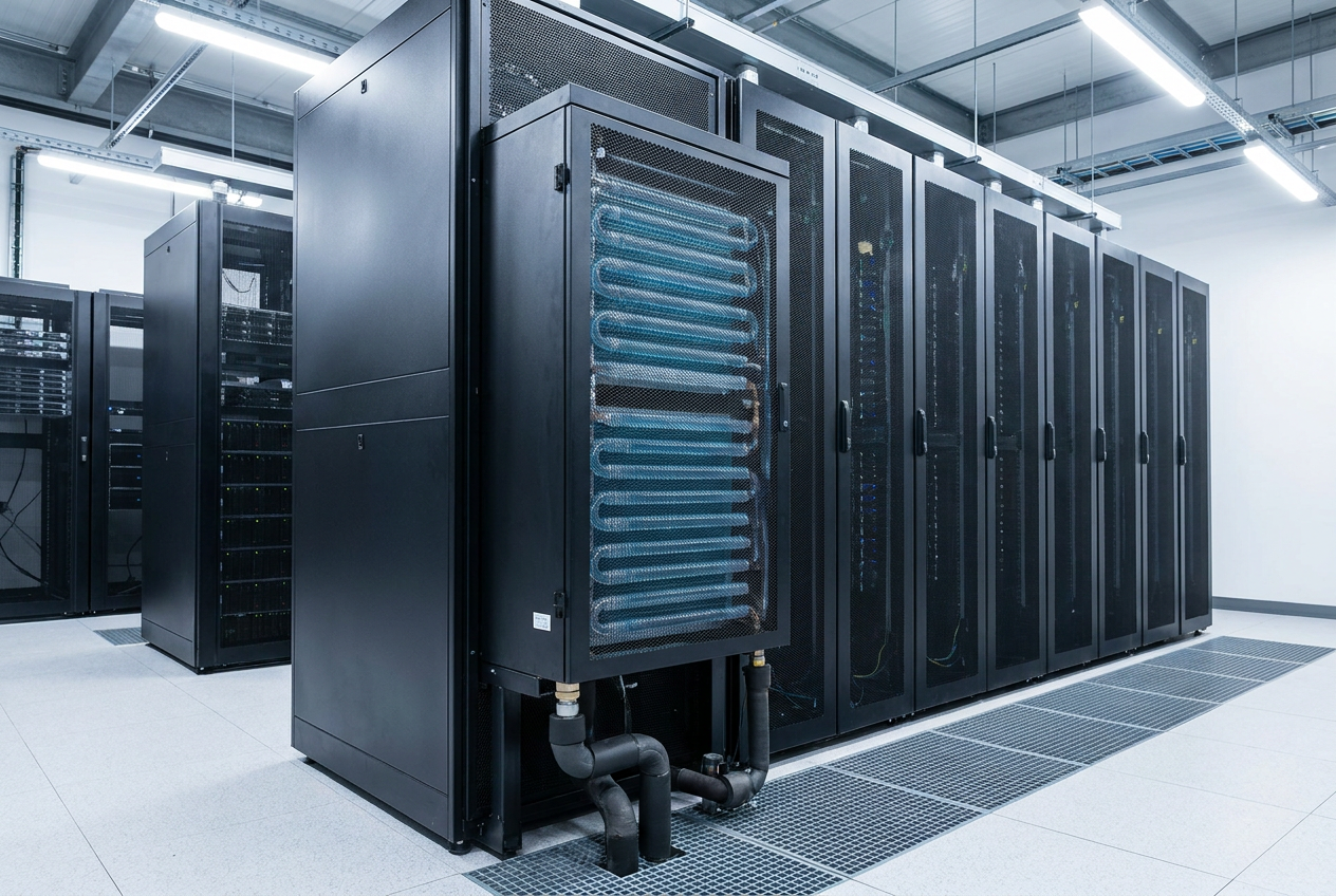 Intercambiador de calor de puerta trasera (RDHx) en rack de servidores Intercambiador de calor de puerta trasera (RDHx) instalado en un rack de servidores, mostrando el sistema de serpentines para refrigeración líquida.