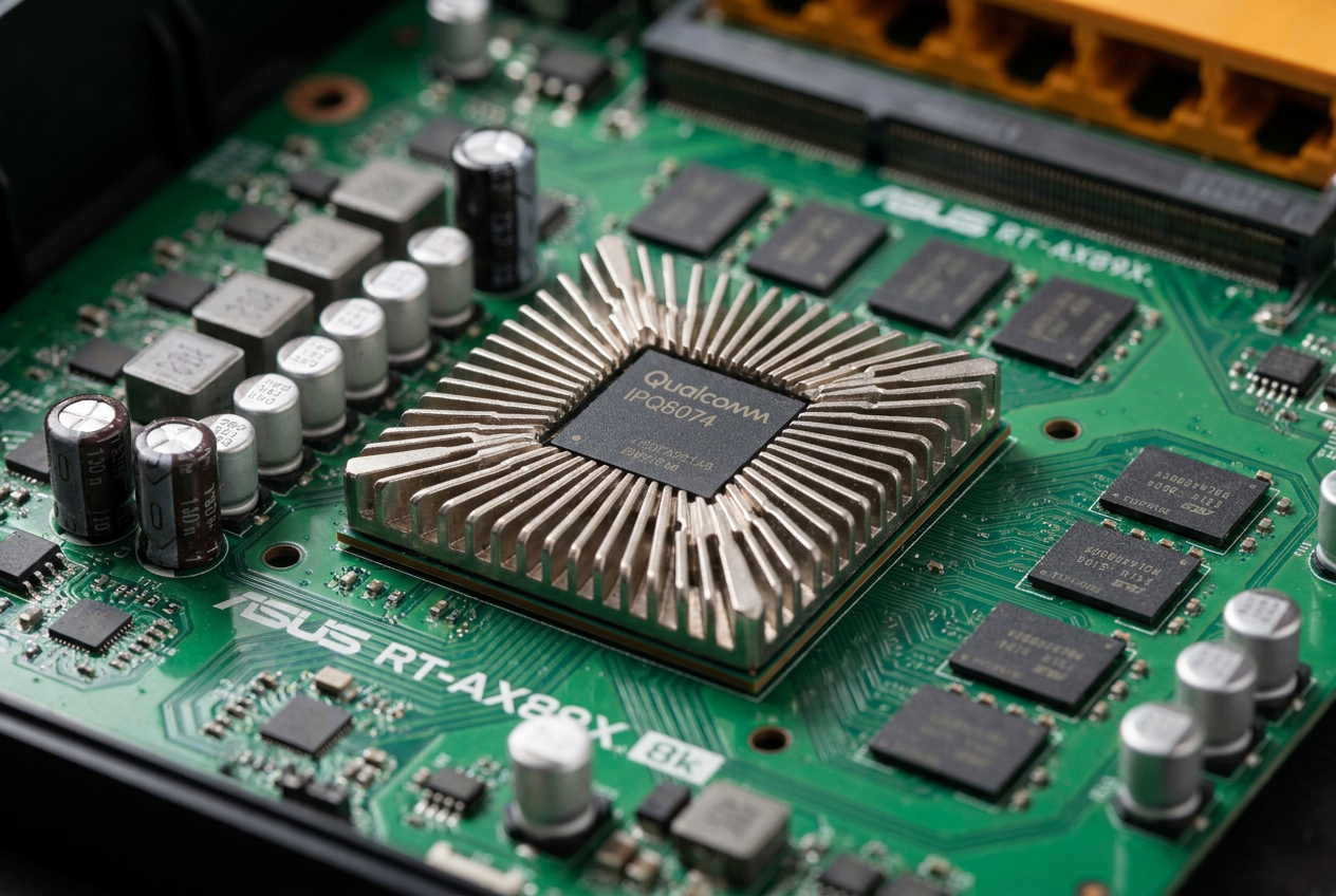 Vista detallada de la placa base de un router con procesador y disipador de calor metálico. Vista detallada de la placa base de un router con procesador y disipador de calor metálico.