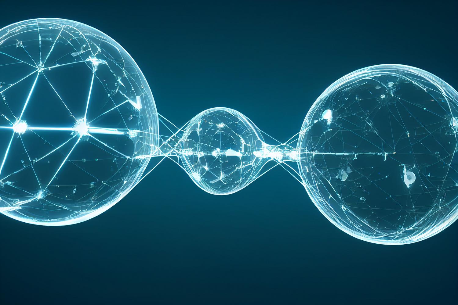 Representación abstracta y futurista de una red neuronal artificial con esferas interconectadas por líneas brillantes, simulando la arquitectura de capas de una IA. Representación abstracta y futurista de una red neuronal artificial con esferas interconectadas por líneas brillantes, simulando la arquitectura de capas de una IA.