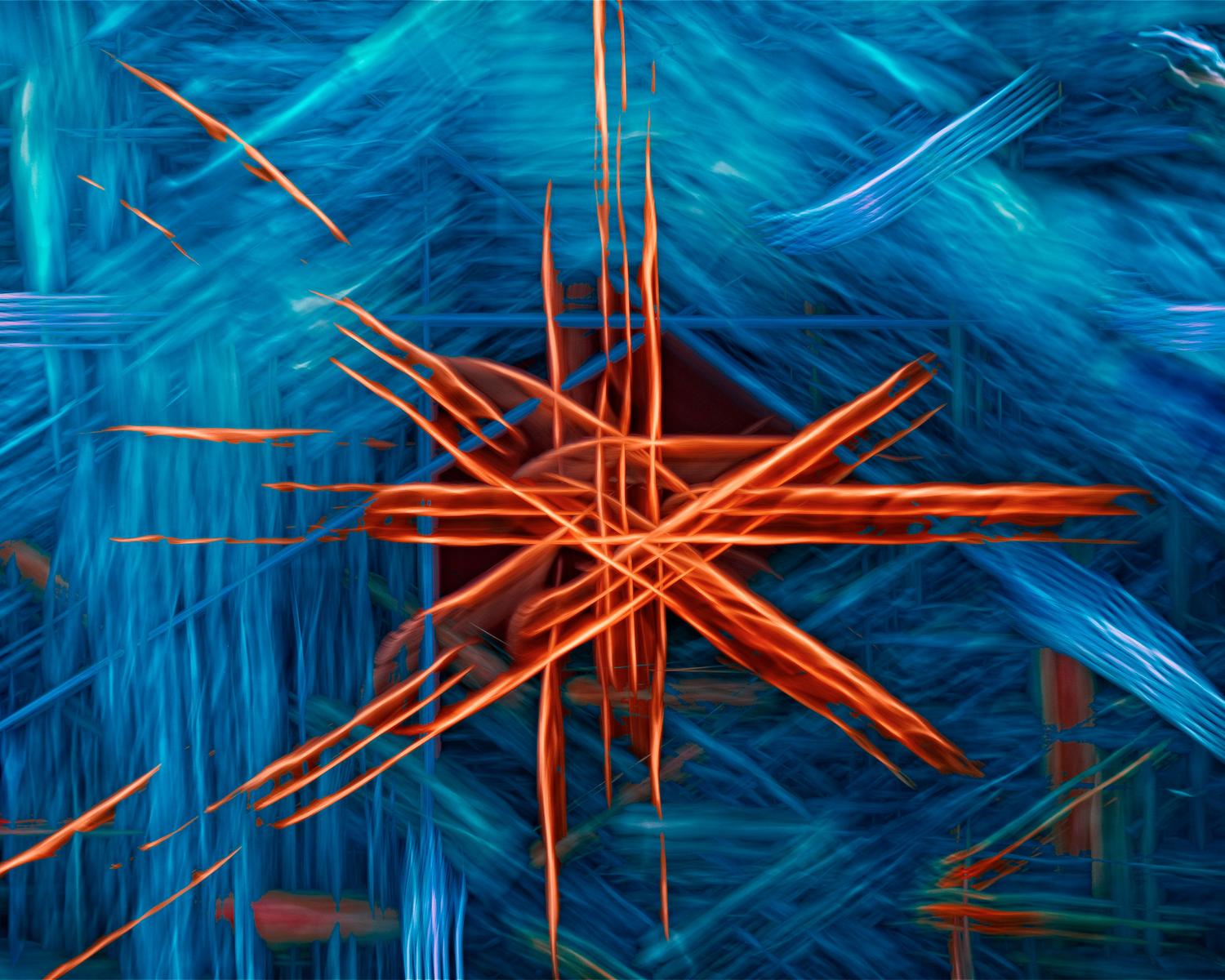 Visualización digital de corrientes de datos y caminos neuronales en colores azul y naranja eléctrico Visualización digital de corrientes de datos y caminos neuronales en colores azul y naranja eléctrico