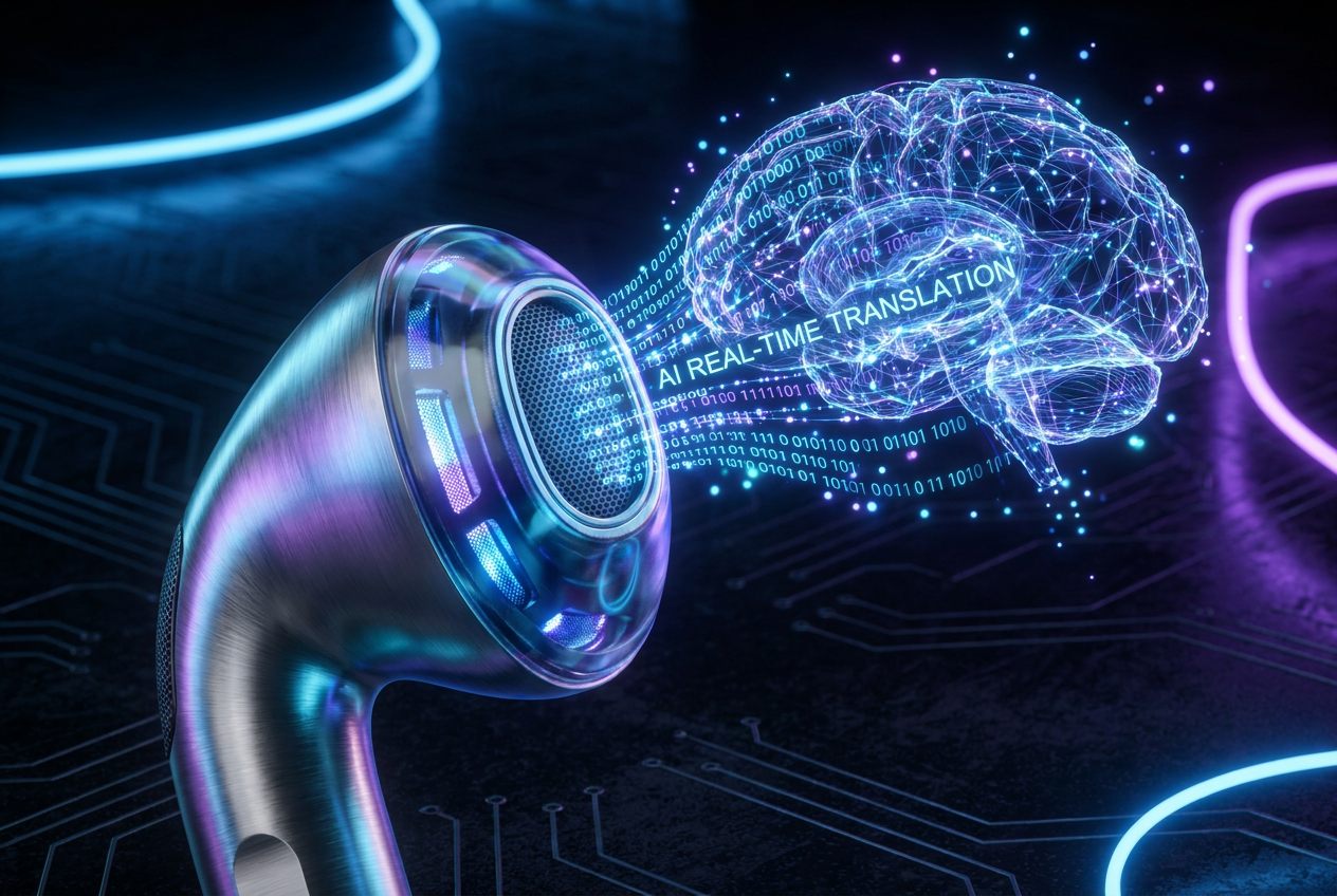 Fotografía conceptual de un auricular inalámbrico moderno con flujos de datos digitales y redes neuronales brillantes, representando la inteligencia artificial y la velocidad de traducción. Fotografía conceptual de un auricular inalámbrico moderno con flujos de datos digitales y redes neuronales brillantes, representando la inteligencia artificial y la velocidad de traducción.