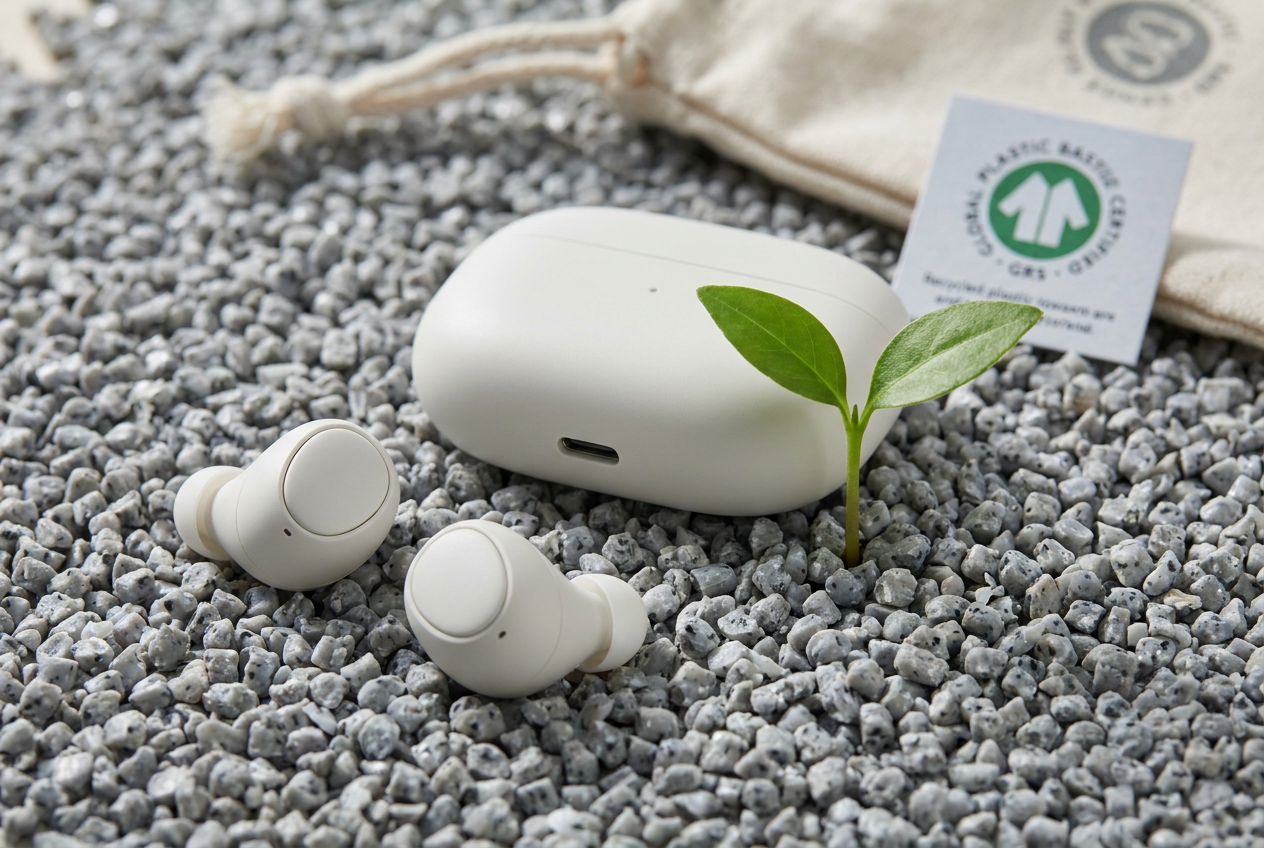 Auriculares inalámbricos minimalistas sobre una superficie de gránulos de plástico reciclado con un brote verde, ilustrando la sostenibilidad y la certificación Global Recycled Standard (GRS). Auriculares inalámbricos minimalistas sobre una superficie de gránulos de plástico reciclado con un brote verde, ilustrando la sostenibilidad y la certificación Global Recycled Standard (GRS).