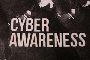 Texto 'Cyber Awareness' sobre fondo oscuro, representando el concepto global de concienciación en ciberseguridad.